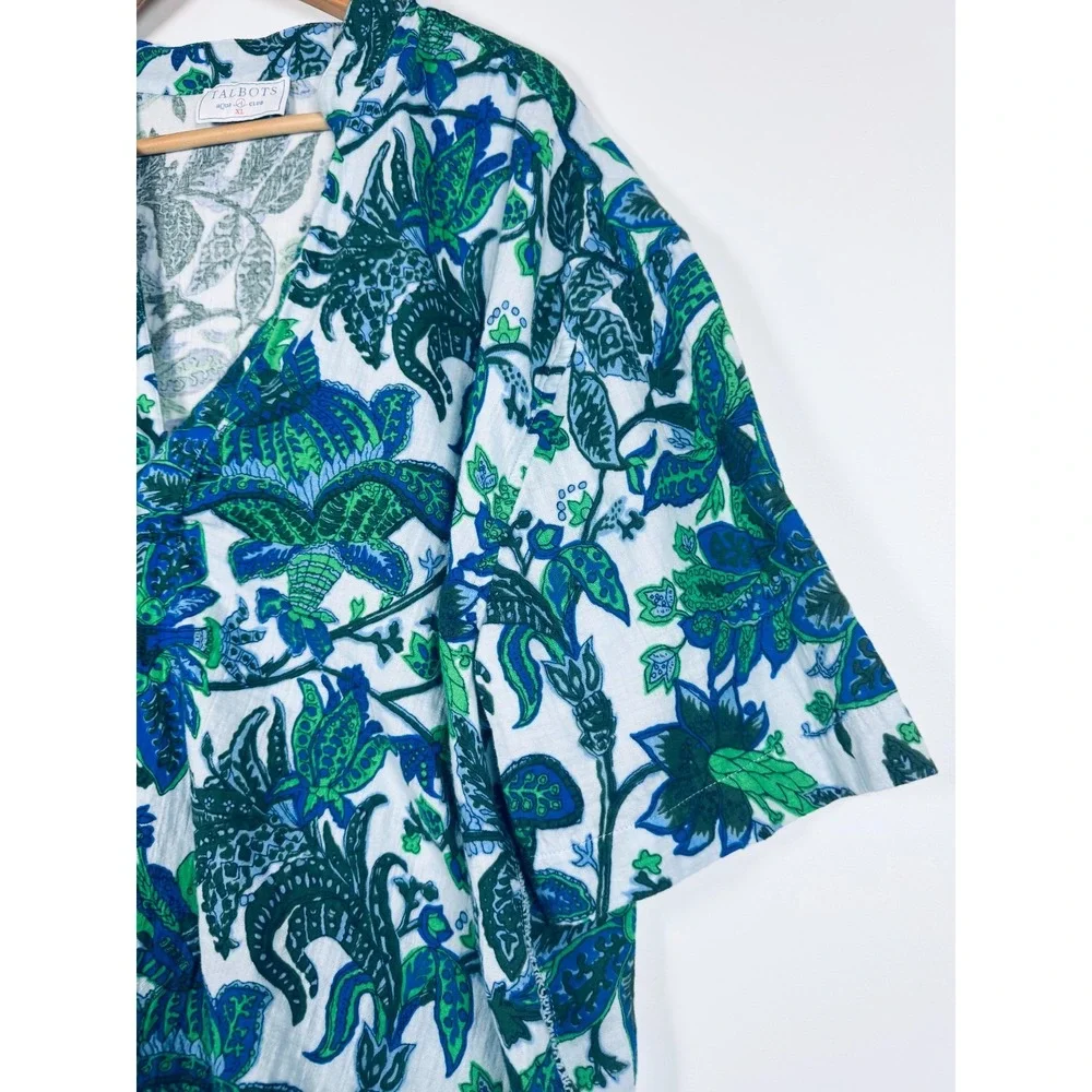 Talbots Aqua Club Cover Up Top XL Blue Green Floral Cotton Popover Swim Resort